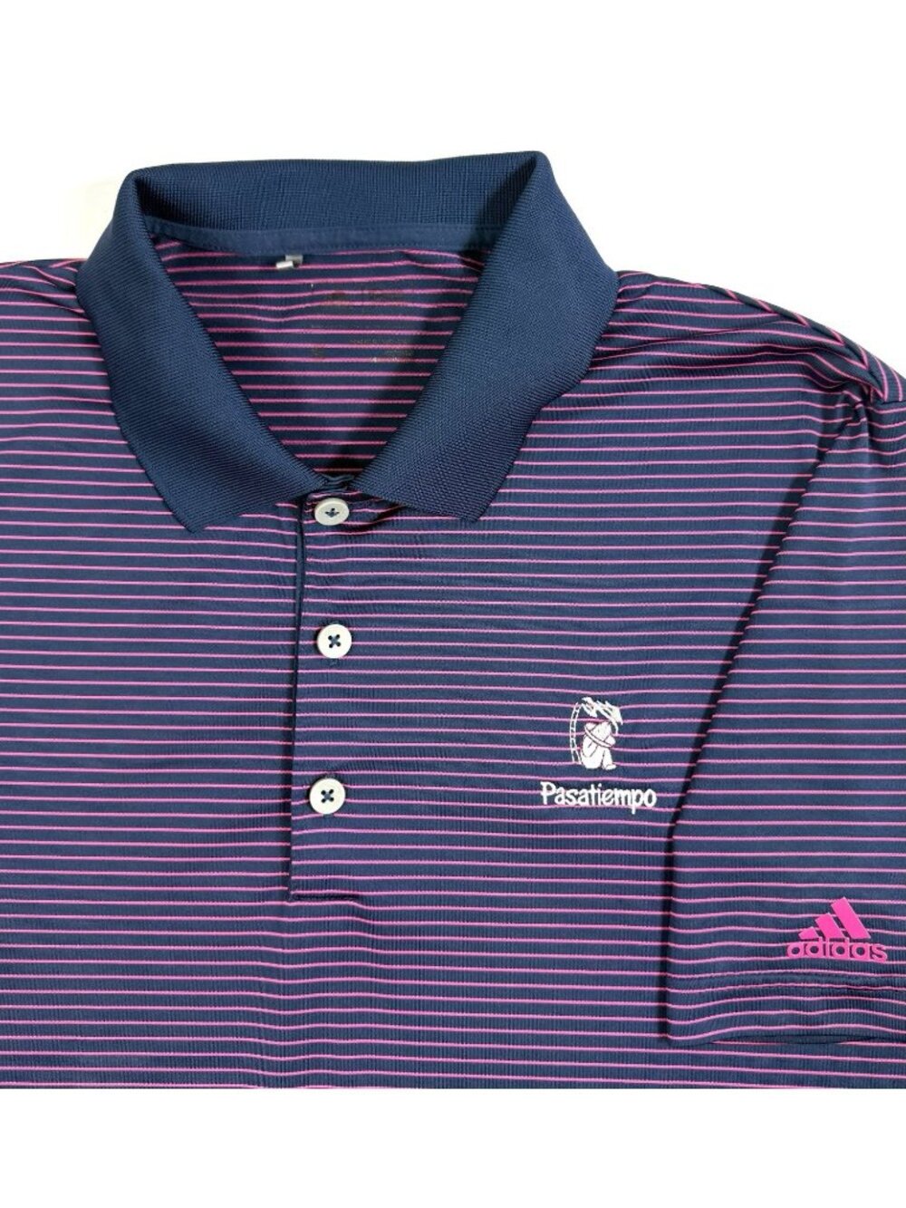 Adidas Mens Polo Shirt Pasatiempo Golf Club Size Small Navy Blue Pink Striped
